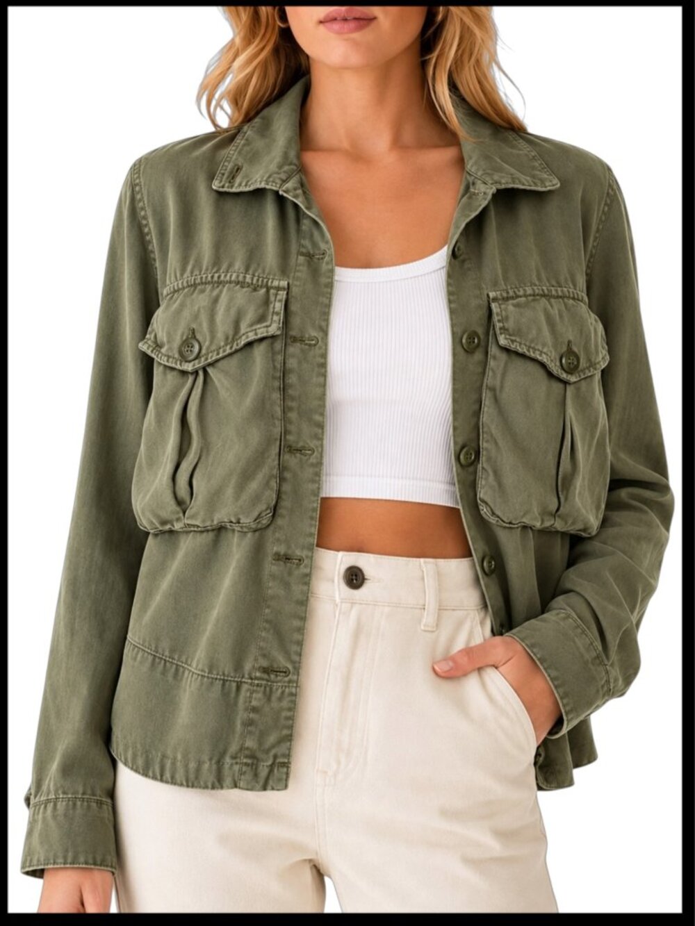 Pistola Olive Army Green Tencel Utility Button Down Shirt XS
